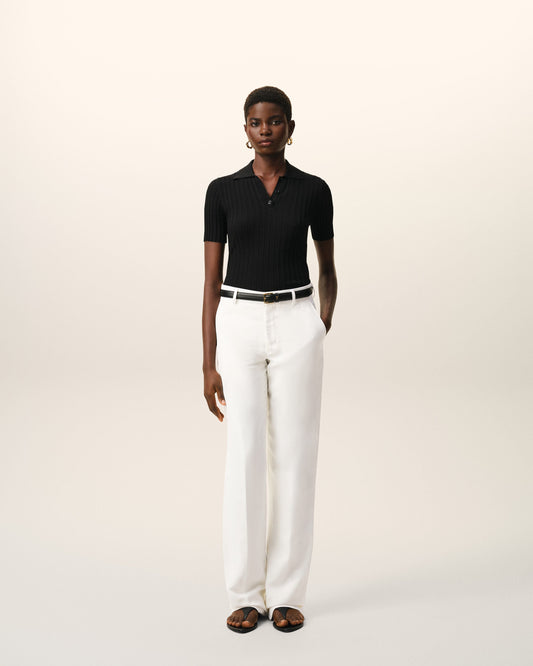 Pantalon Droit Blanc Taille Basse en Lin Mélangé