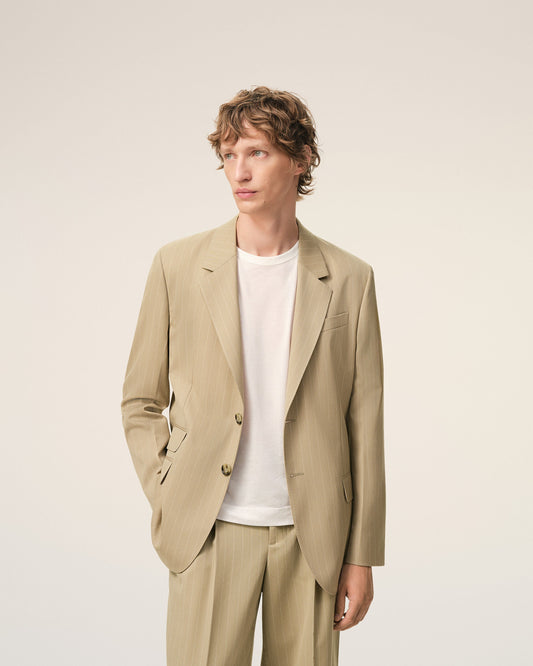 Veste Droite Simple Boutonnage Beige en Laine Vierge