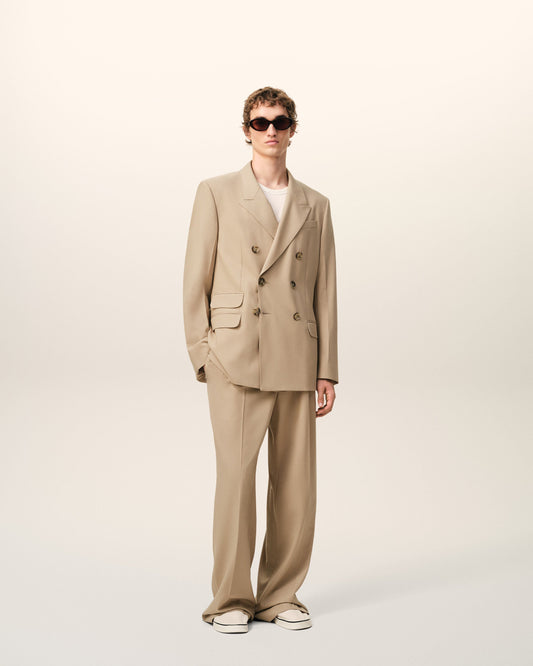 Veste Droite Double Boutonnage Beige en Laine Vierge