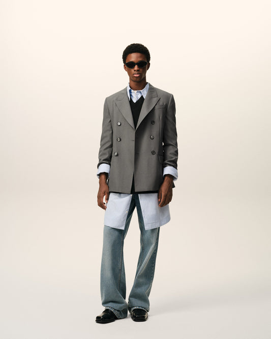 Veste Droite Double Boutonnage Gris en Laine Vierge