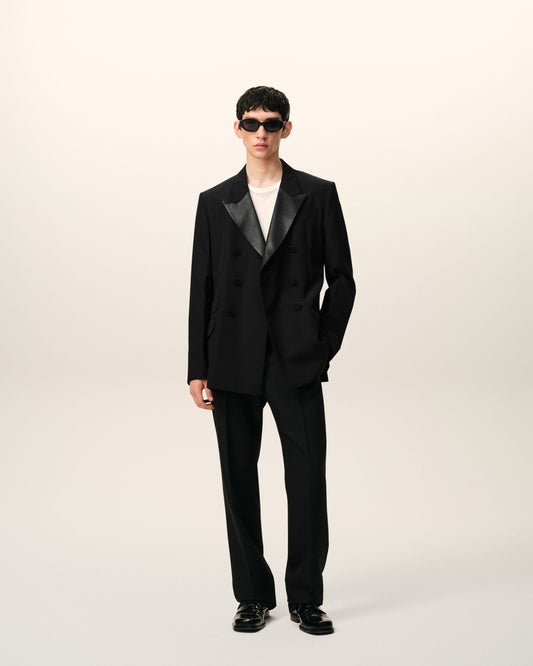 Veste Smocking Droite Double Boutonnage Noire en Laine Vierge