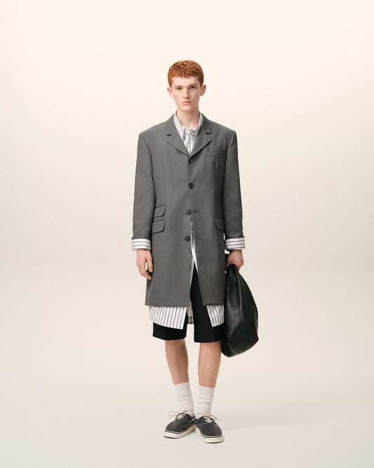 Blazer long Gris Droit Simple Boutonnage en Laine Vierge