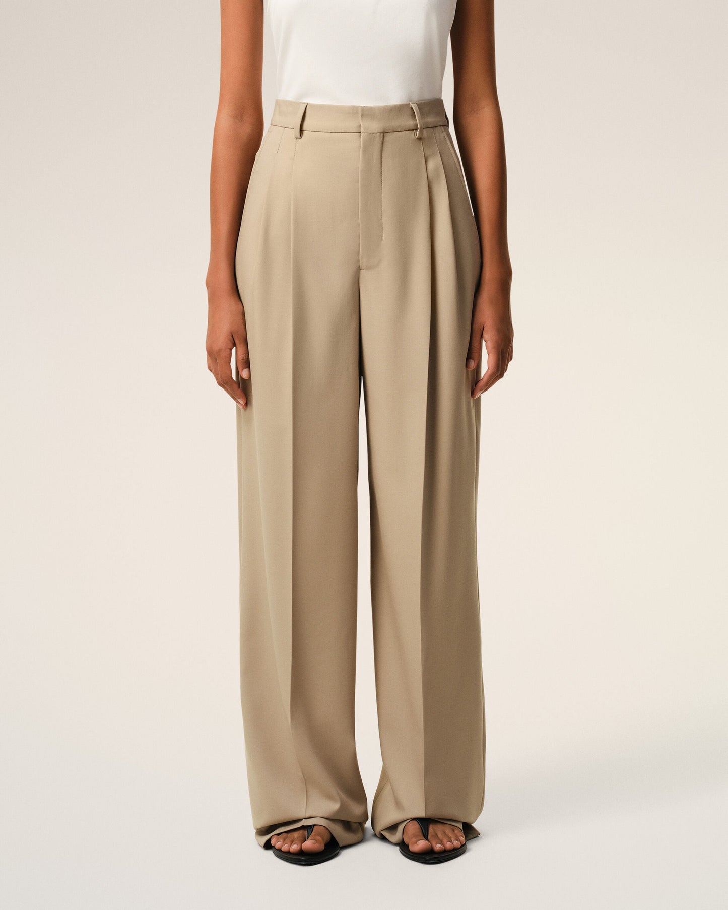 Pantalon Large Beige Taille Haute en Laine Vierge