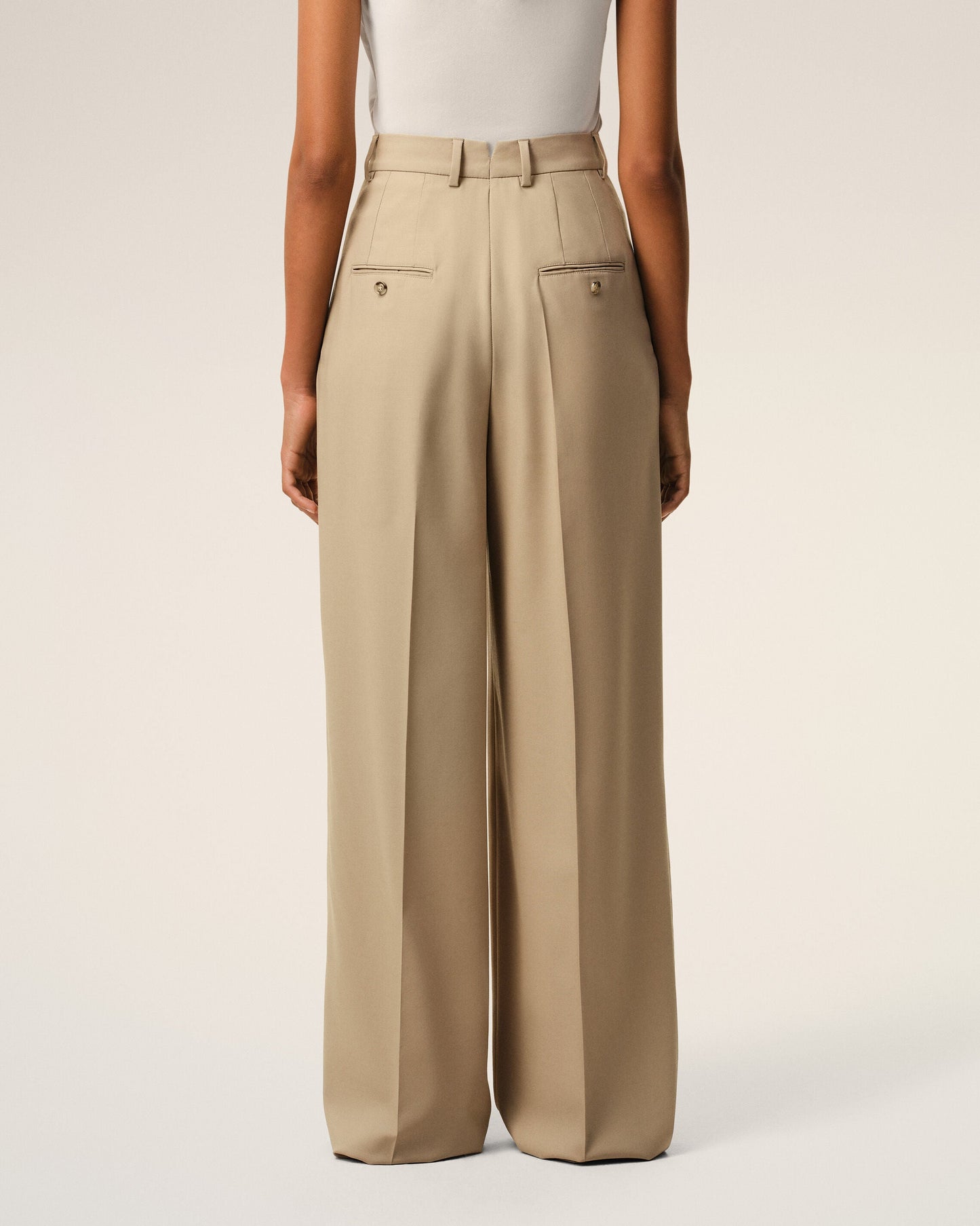 Pantalon Large Beige Taille Haute en Laine Vierge