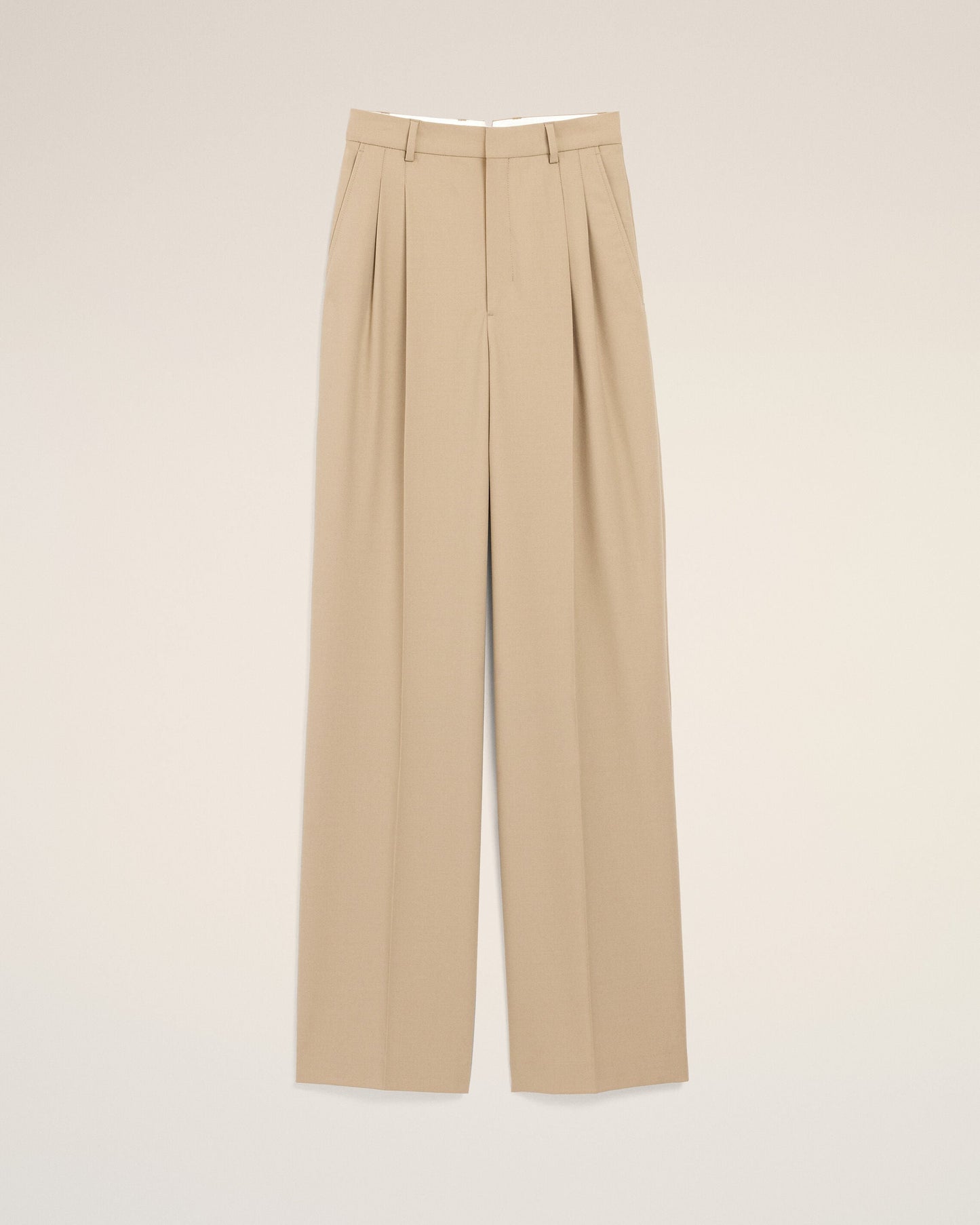 Pantalon Large Beige Taille Haute en Laine Vierge