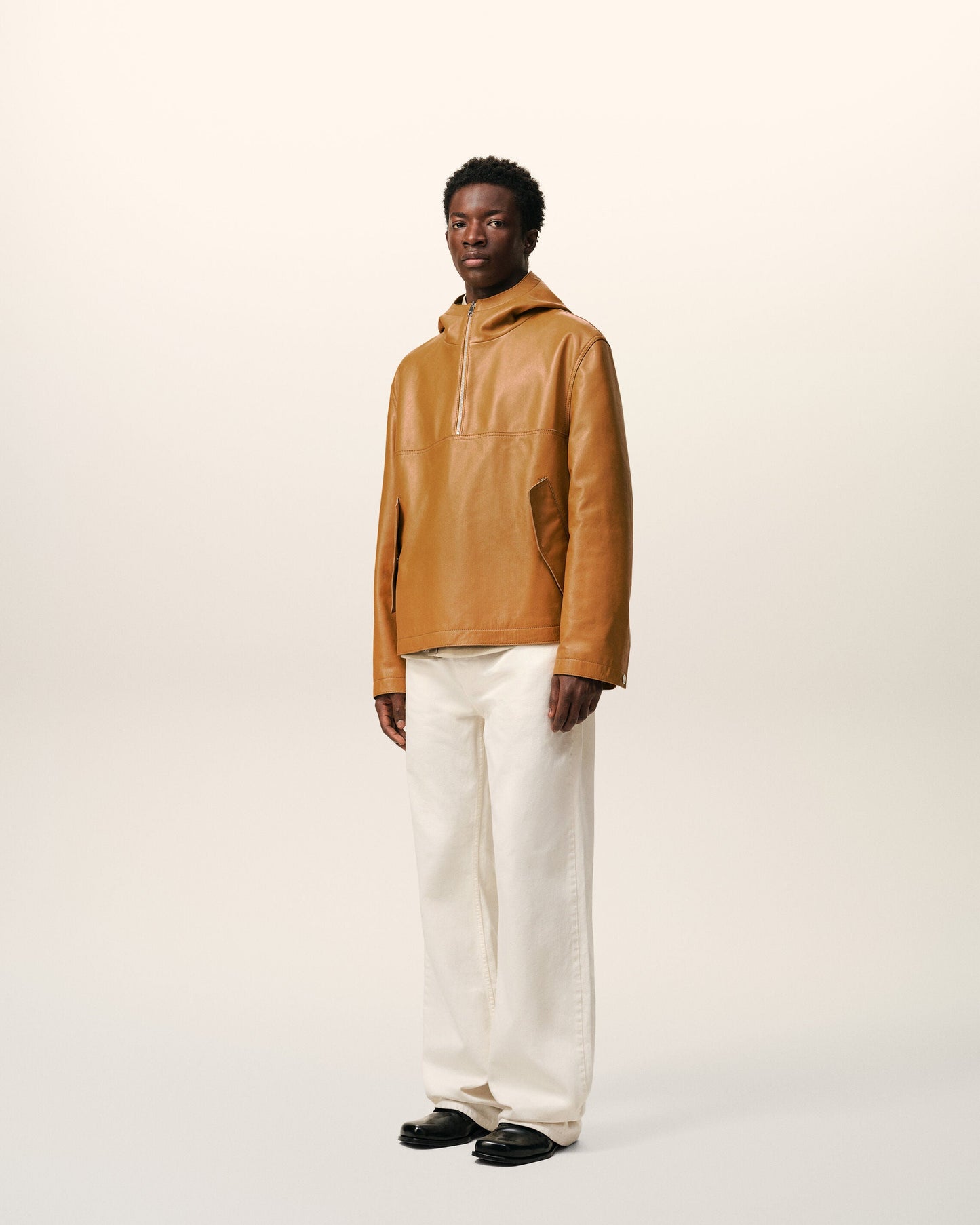 Veste A Capuche Jaune en Cuir De Vache