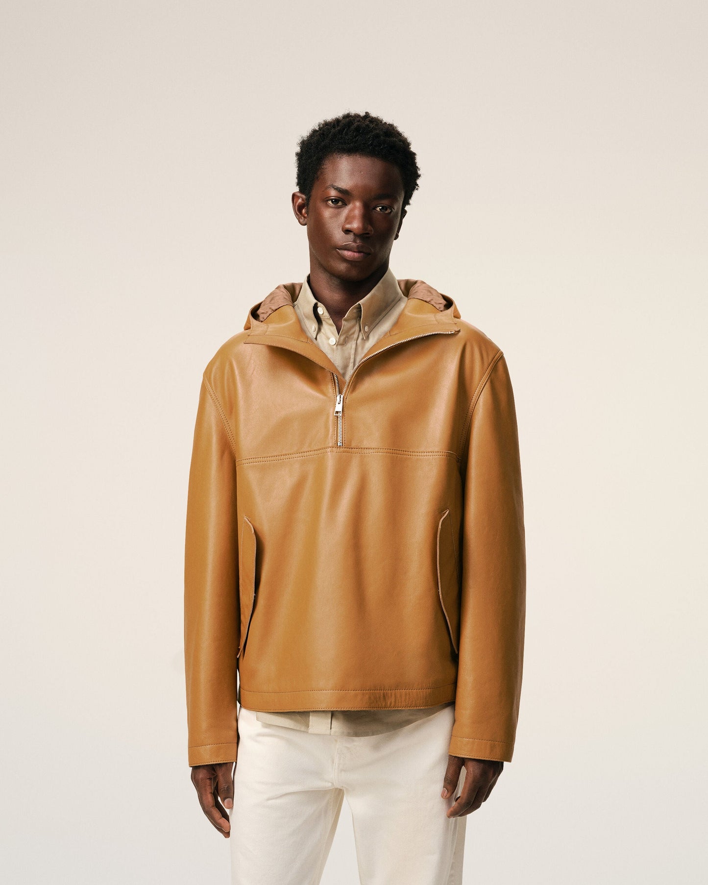 Veste A Capuche Jaune en Cuir De Vache