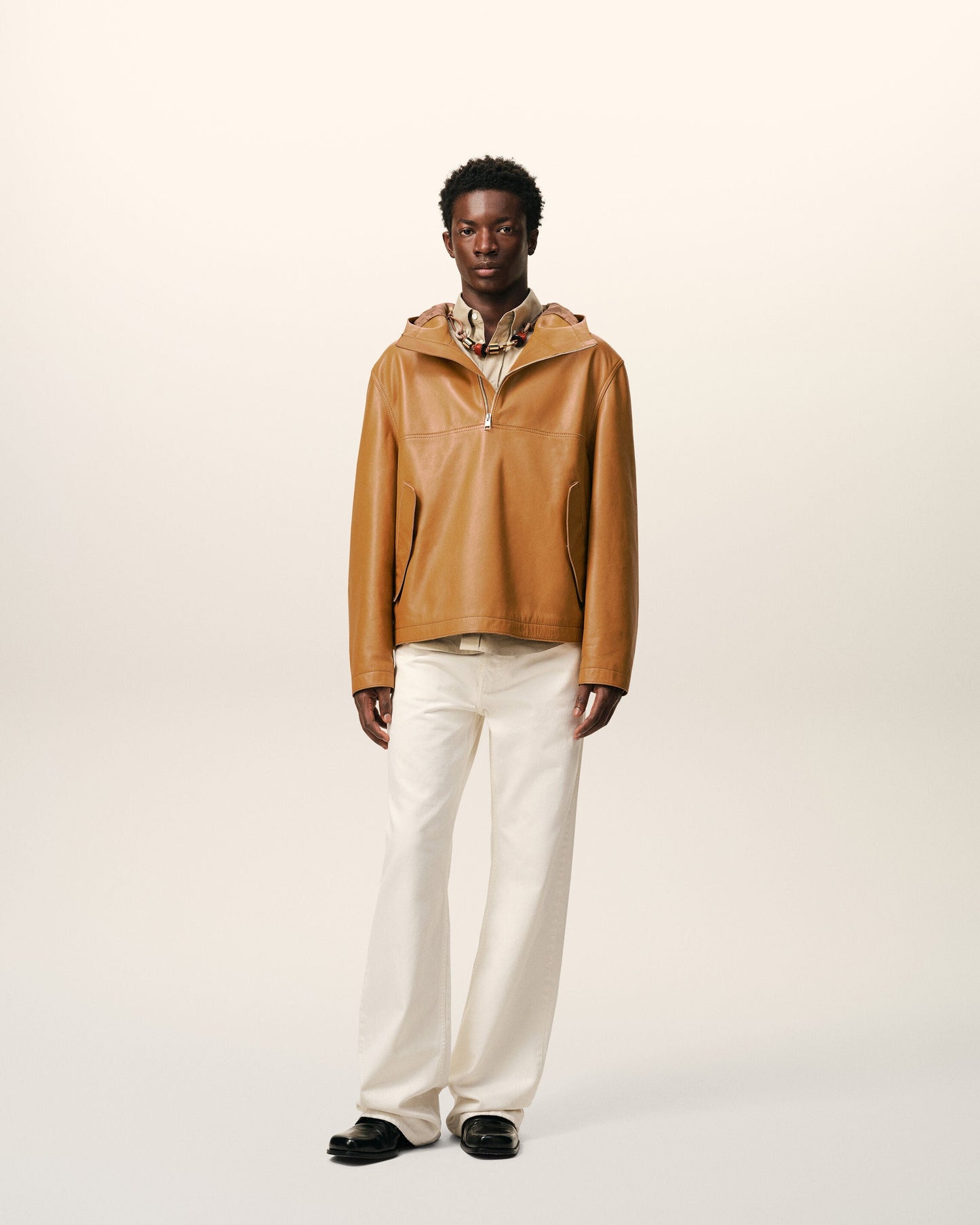 Veste A Capuche Jaune en Cuir De Vache